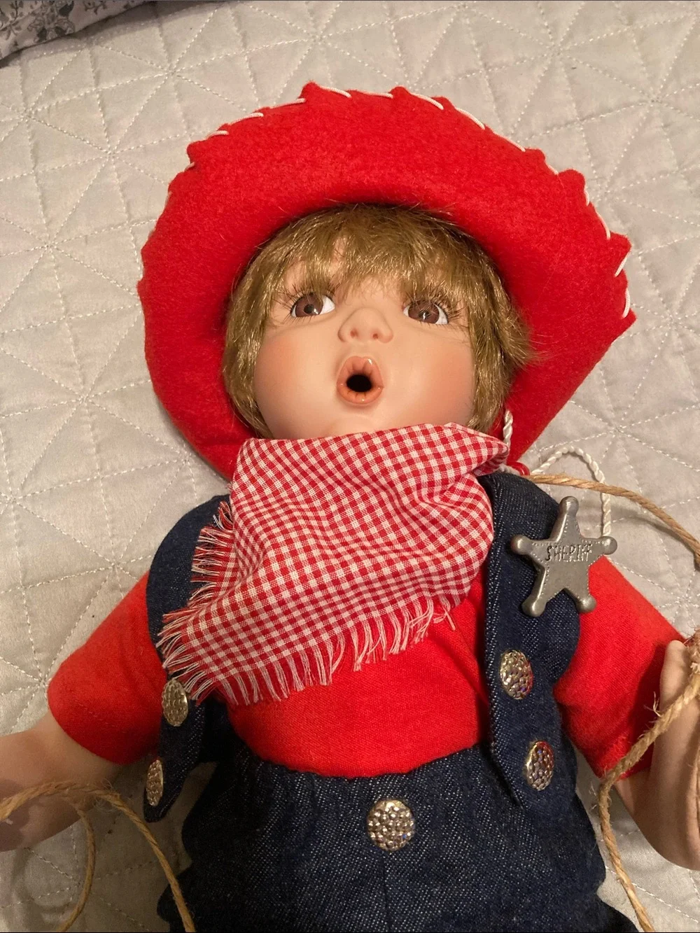 Kay McKee Red Cowboy porcelain Doll with Denim Overalls and Bandana -